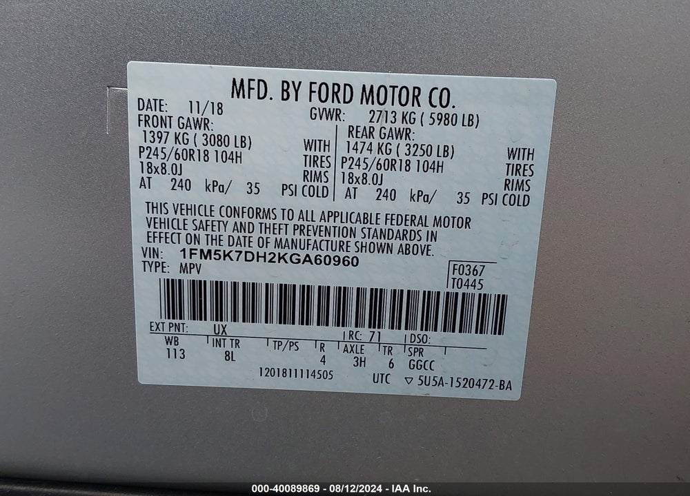 2019 FORD EXPLORER XLT VIN: 1FM5K7DH2KGA60960