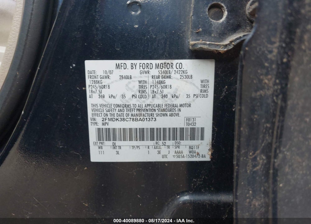 2008 FORD EDGE SEL VIN: 2FMDK38C78BA01373