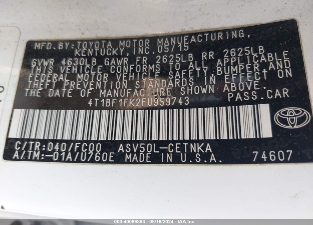 2015 TOYOTA CAMRY LE VIN: 4T1BF1FK2FU959743
