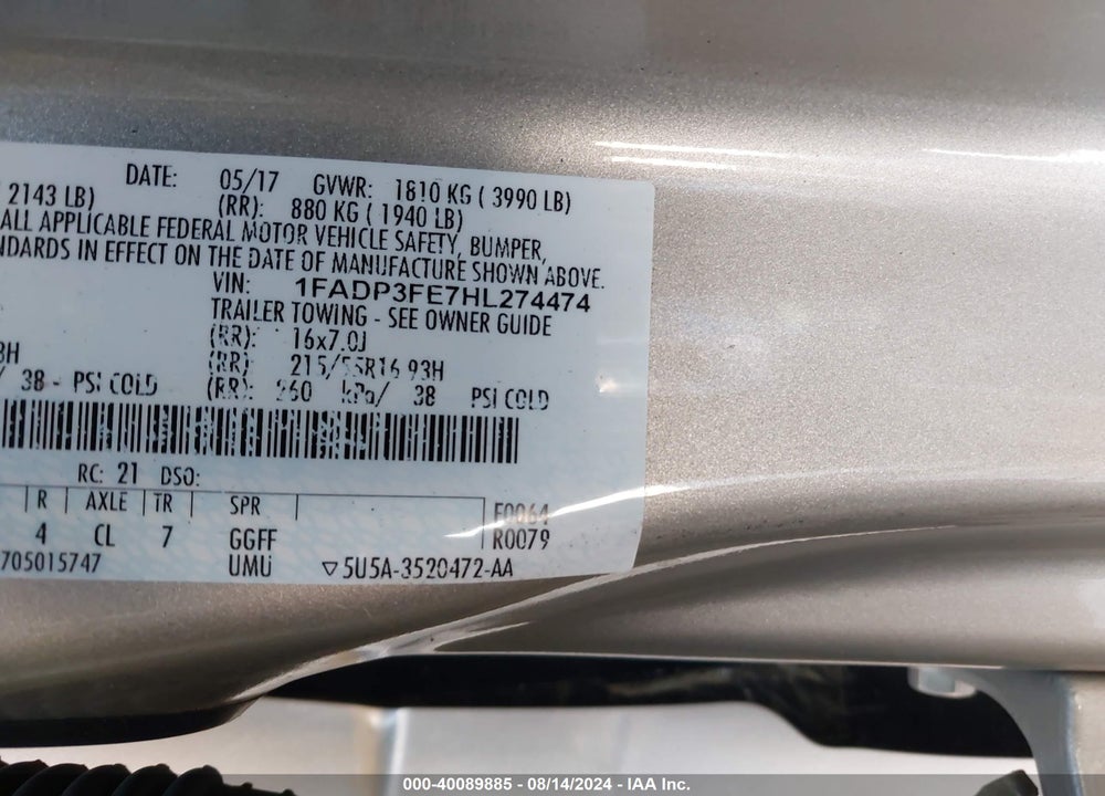 2017 FORD FOCUS SE VIN: 1FADP3FE7HL274474