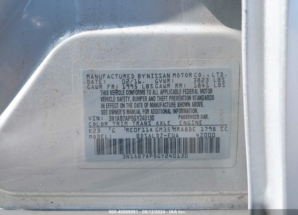 2016 NISSAN SENTRA SV VIN: 3N1AB7AP8GY240130