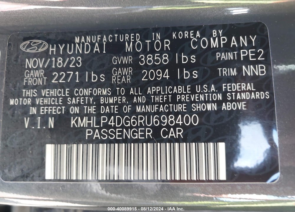 2024 HYUNDAI ELANTRA LIMITED VIN: KMHLP4DG6RU698400