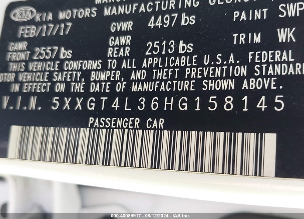 2017 KIA OPTIMA LX VIN: 5XXGT4L36HG158145