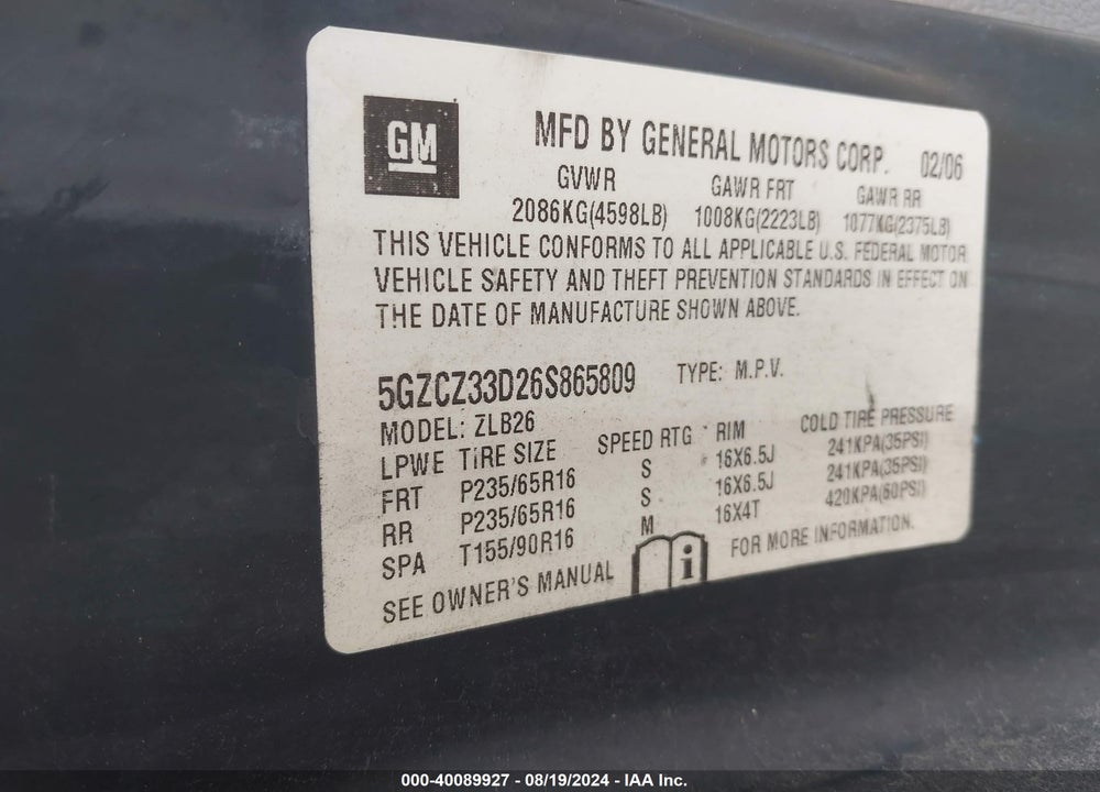 2006 SATURN VUE 4 CYL VIN: 5GZCZ33D26S865809