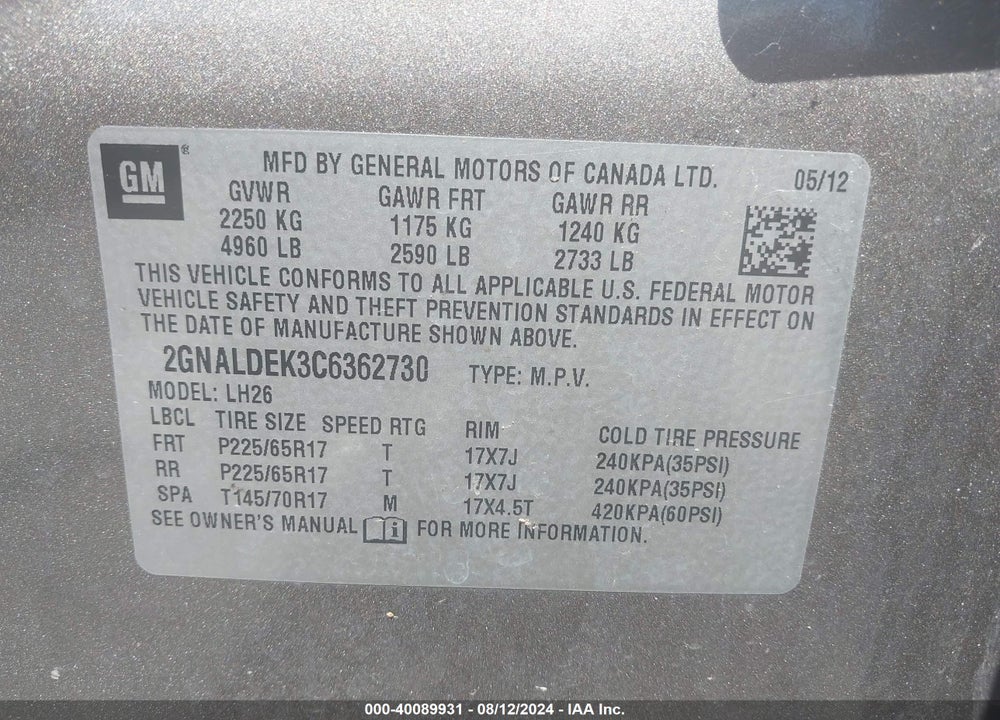 2012 CHEVROLET EQUINOX LT VIN: 2GNALDEK3C6362730