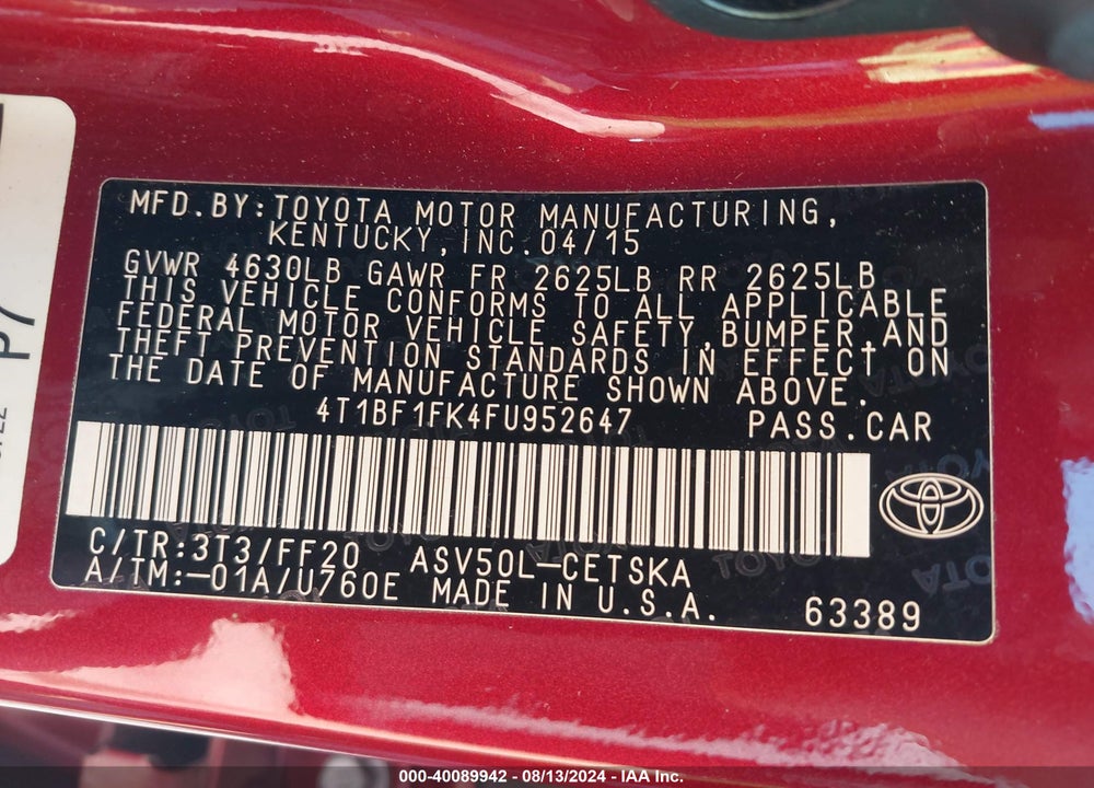 2015 TOYOTA CAMRY SE VIN: 4T1BF1FK4FU952647