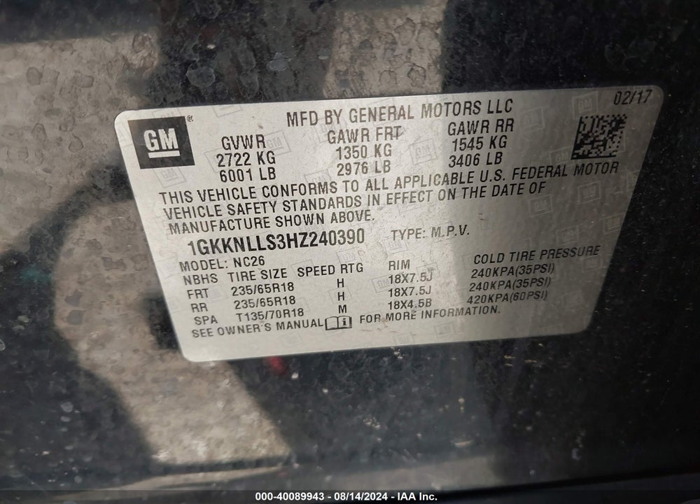 2017 GMC ACADIA SLE-2 VIN: 1GKKNLLS3HZ240390