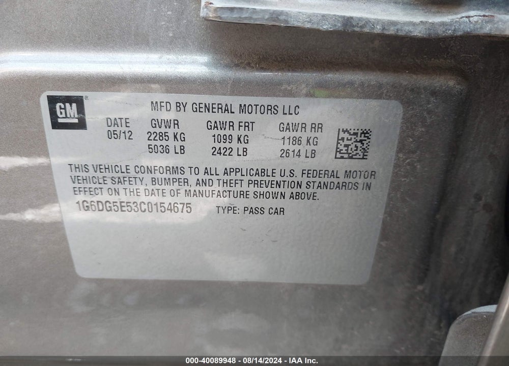 2012 CADILLAC CTS LUXURY COLLECTION VIN: 1G6DG5E53C0154675