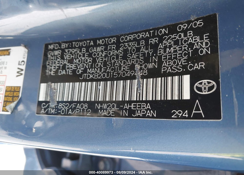 2005 TOYOTA PRIUS VIN: JTDKB20U157049448