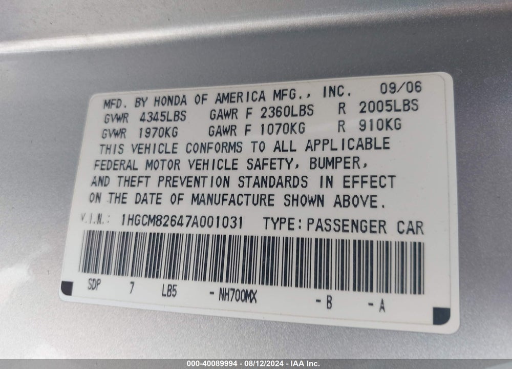 2007 HONDA ACCORD 3.0 EX VIN: 1HGCM82647A001031