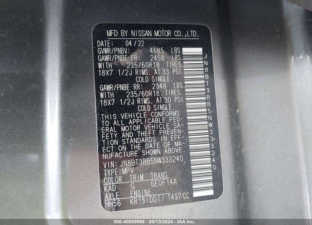 2022 NISSAN ROGUE SV INTELLIGENT AWD VIN: JN8BT3BB5NW333240