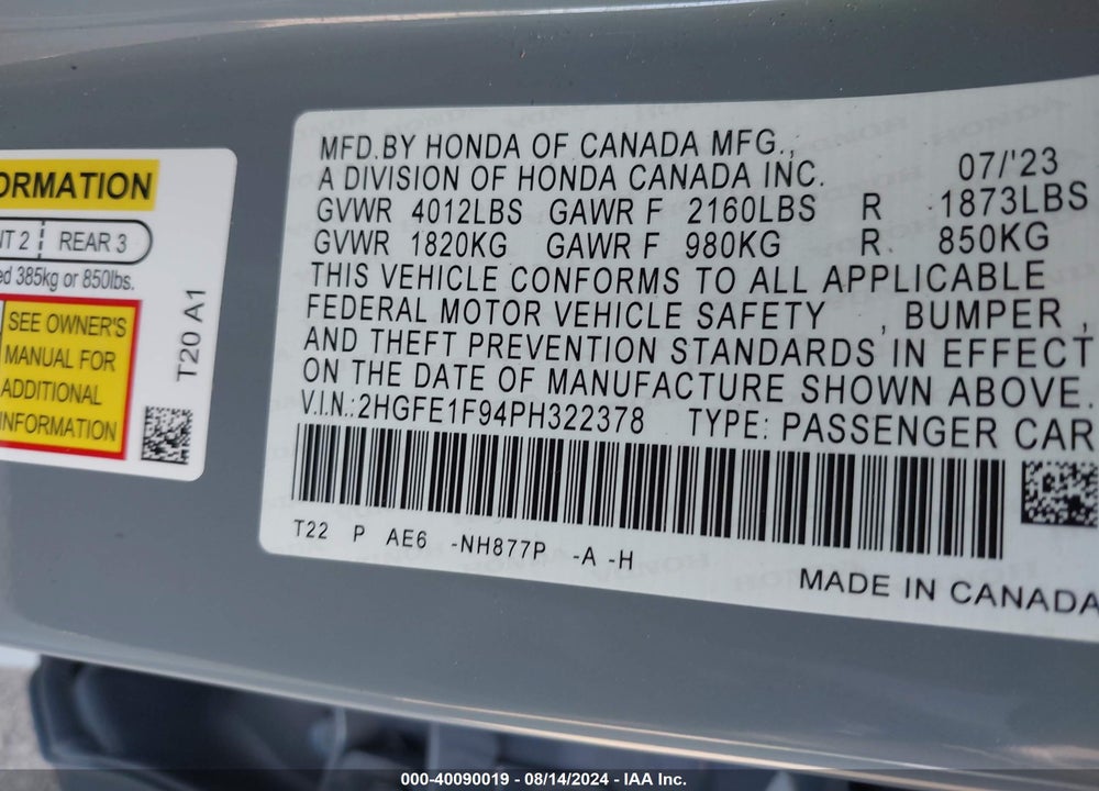 2023 HONDA CIVIC TOURING VIN: 2HGFE1F94PH322378