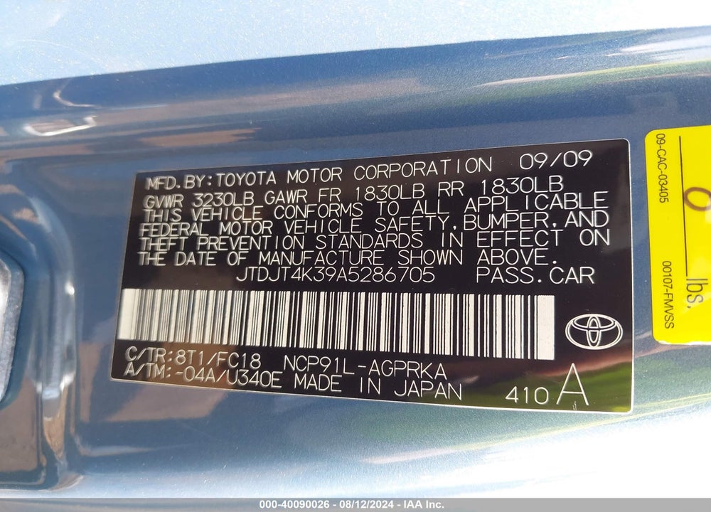 2010 TOYOTA YARIS VIN: JTDJT4K39A5286705