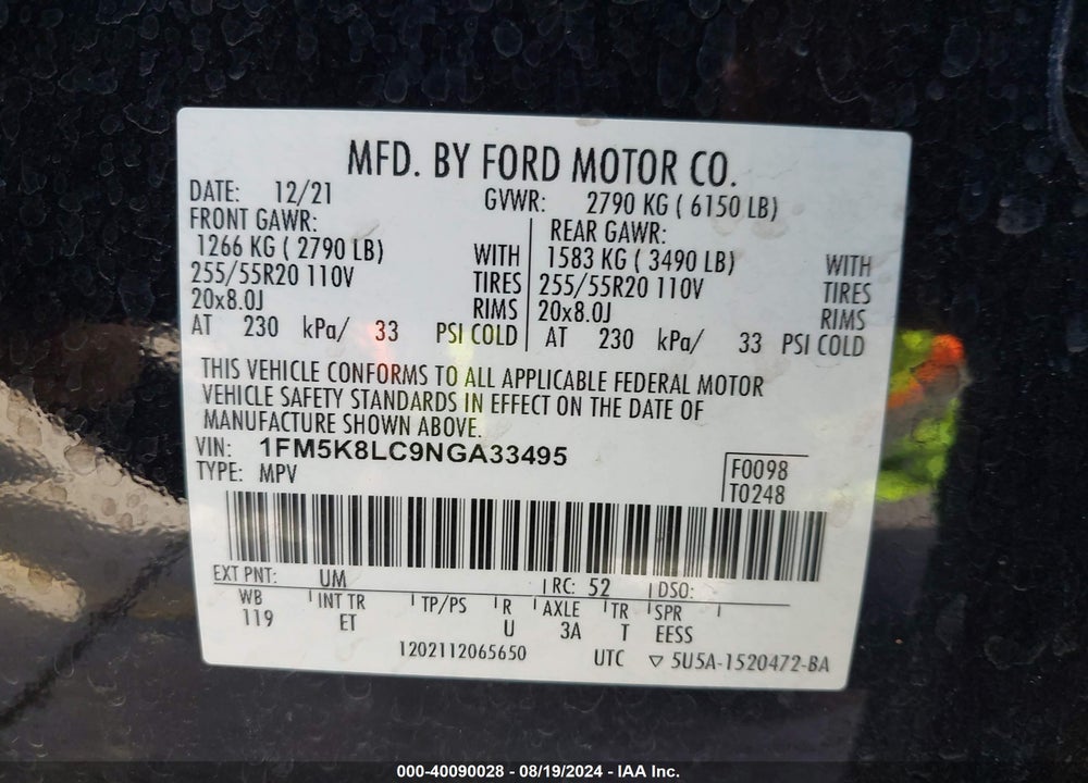 2022 FORD EXPLORER KING RANCH VIN: 1FM5K8LC9NGA33495