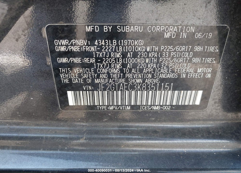 2019 SUBARU CROSSTREK 2.0I PREMIUM VIN: JF2GTAEC3K8351151