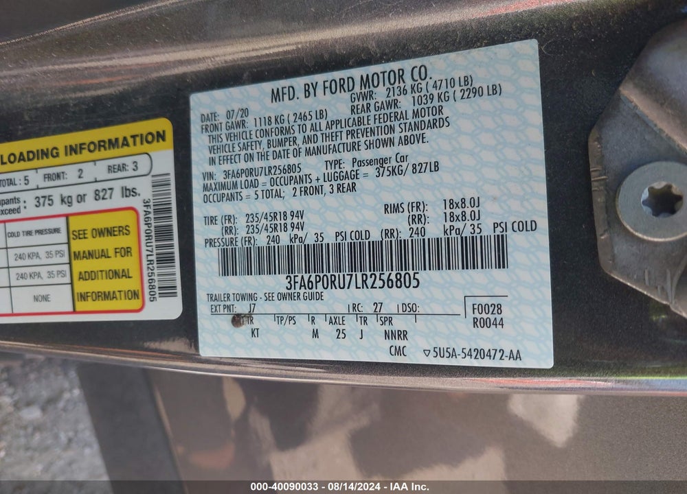 2020 FORD FUSION HYBRID TITANIUM VIN: 3FA6P0RU7LR256805