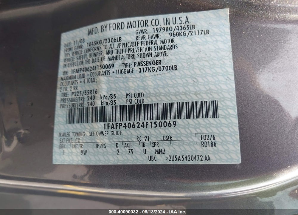 2004 FORD MUSTANG VIN: 1FAFP40624F150069