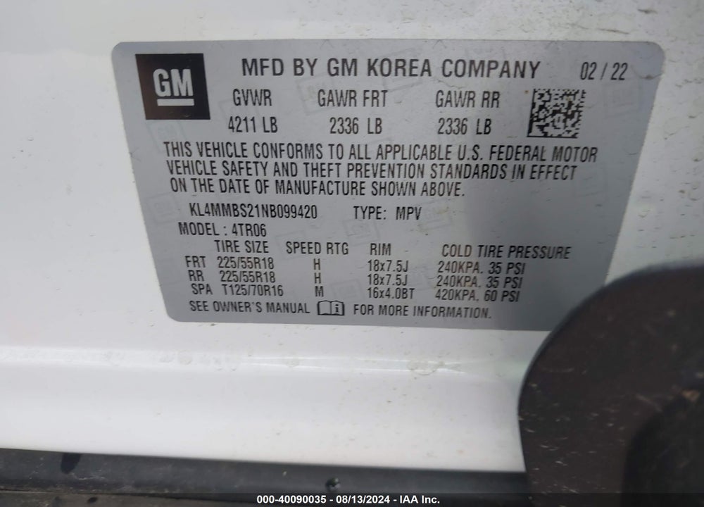 2022 BUICK ENCORE GX FWD PREFERRED VIN: KL4MMBS21NB099420