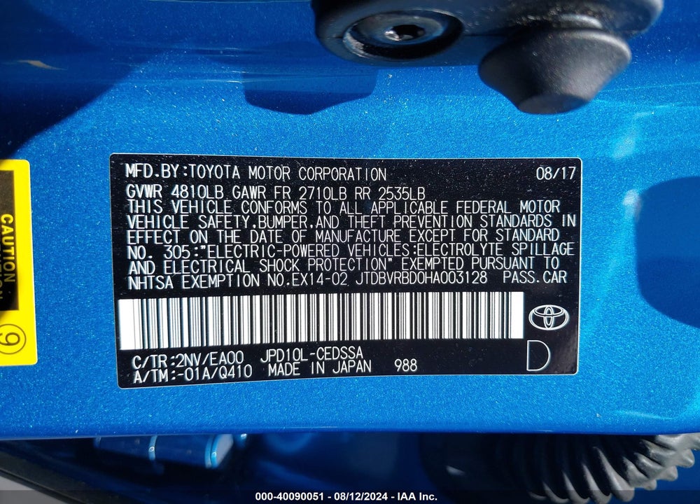 2017 TOYOTA MIRAI VIN: JTDBVRBD0HA003128