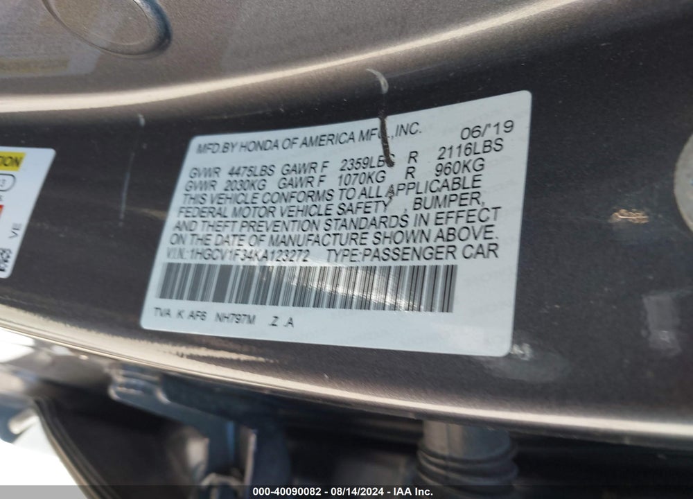 2019 HONDA ACCORD SPORT VIN: 1HGCV1F34KA123272