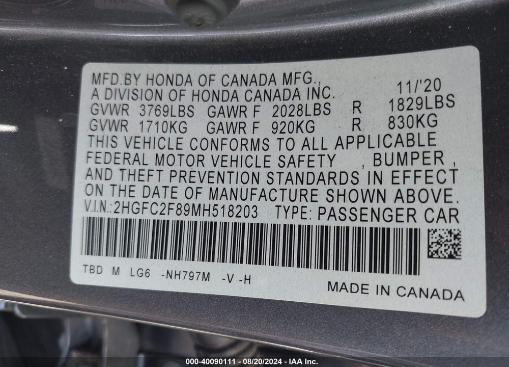 2021 HONDA CIVIC SPORT VIN: 2HGFC2F89MH518203