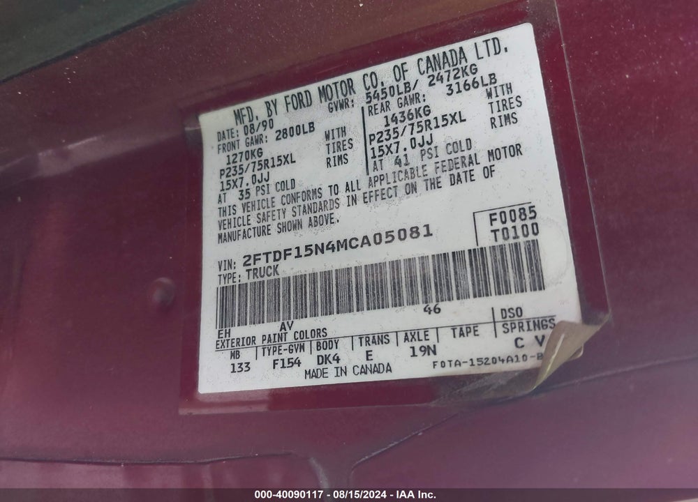 1991 FORD F150 VIN: 2FTDF15N4MCA05081