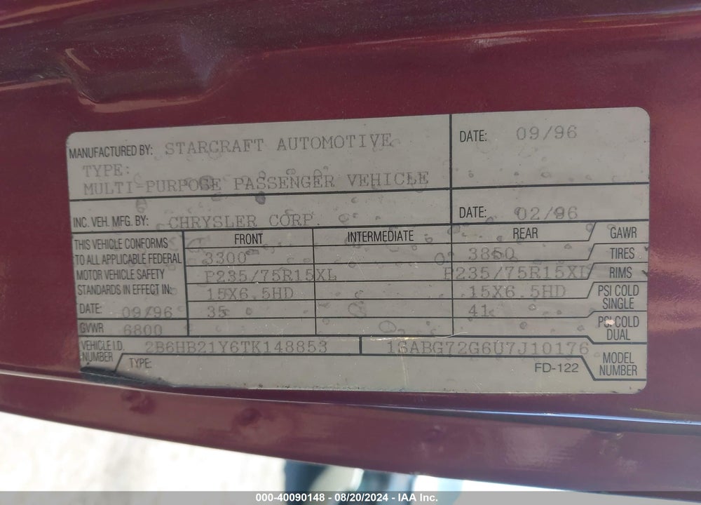1996 DODGE RAM VAN B2500 VIN: 2B6HB21Y6TK148853