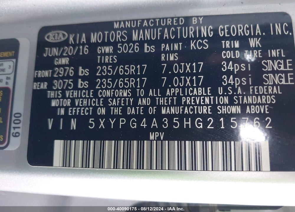 2017 KIA SORENTO 2.4L LX VIN: 5XYPG4A35HG215762