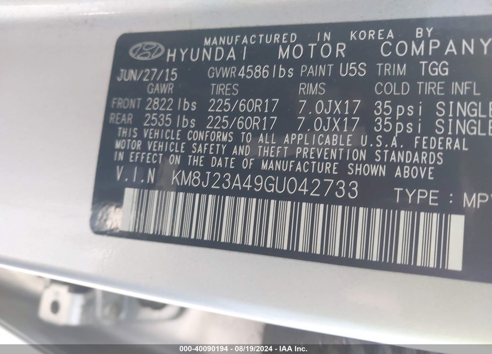 2016 HYUNDAI TUCSON SE VIN: KM8J23A49GU042733