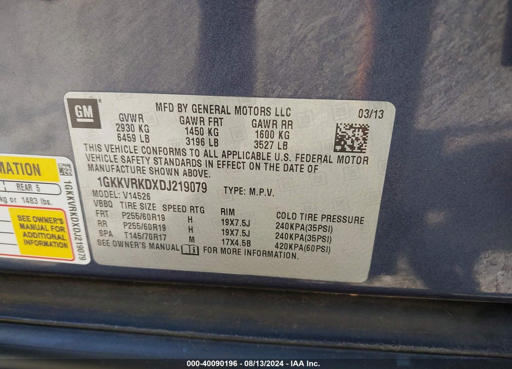 2013 GMC ACADIA SLT-1 VIN: 1GKKVRKDXDJ219079
