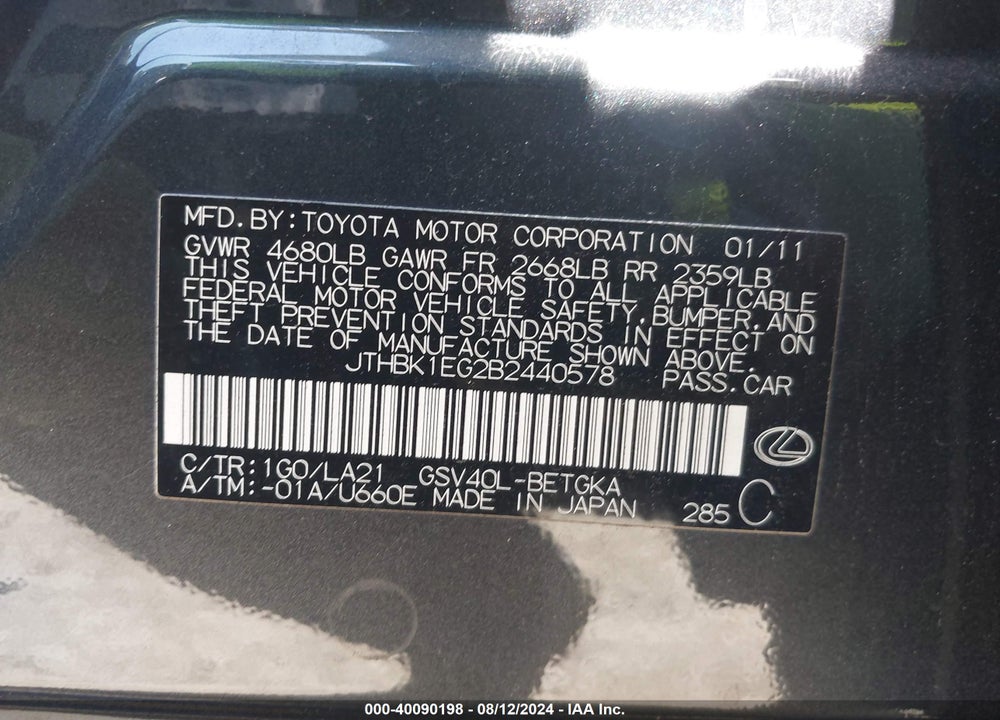 2011 LEXUS ES 350 VIN: JTHBK1EG2B2440578