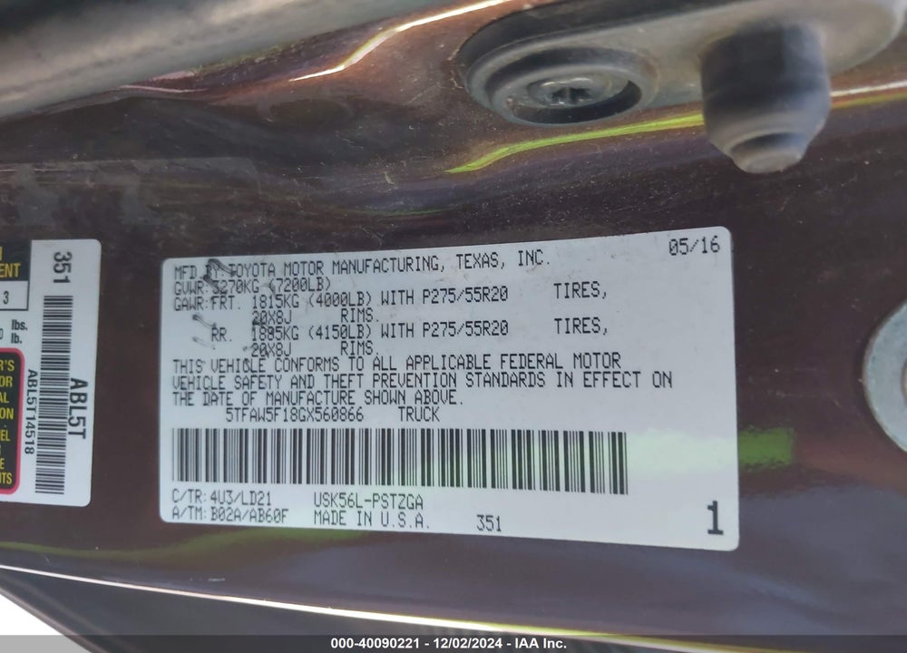 2016 TOYOTA TUNDRA 1794 5.7L V8 VIN: 5TFAW5F18GX560866