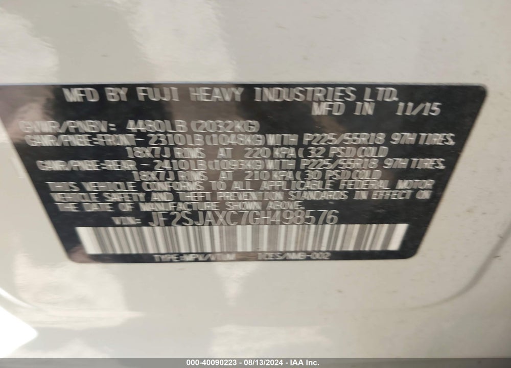 2016 SUBARU FORESTER 2.5I TOURING VIN: JF2SJAXC7GH498576