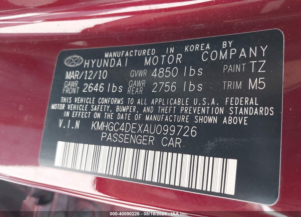 2010 HYUNDAI GENESIS 3.8 VIN: KMHGC4DEXAU099726