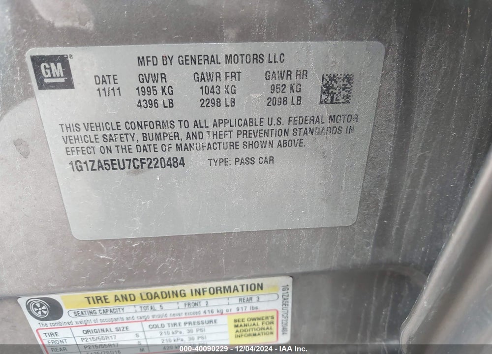 2012 CHEVROLET MALIBU LS VIN: 1G1ZA5EU7CF220484