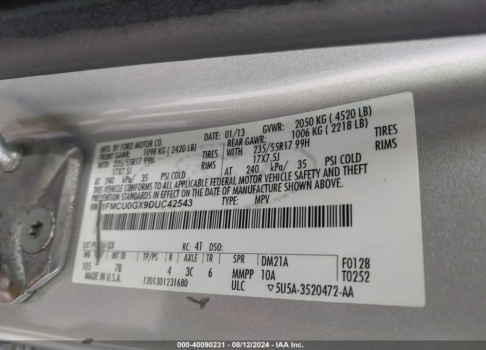 2013 FORD ESCAPE SE VIN: 1FMCU0GX9DUC42543