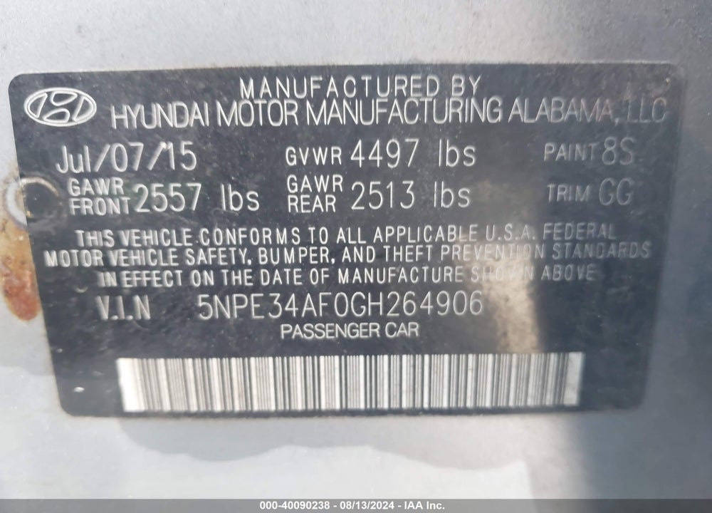 2016 HYUNDAI SONATA SPORT VIN: 5NPE34AF0GH264906