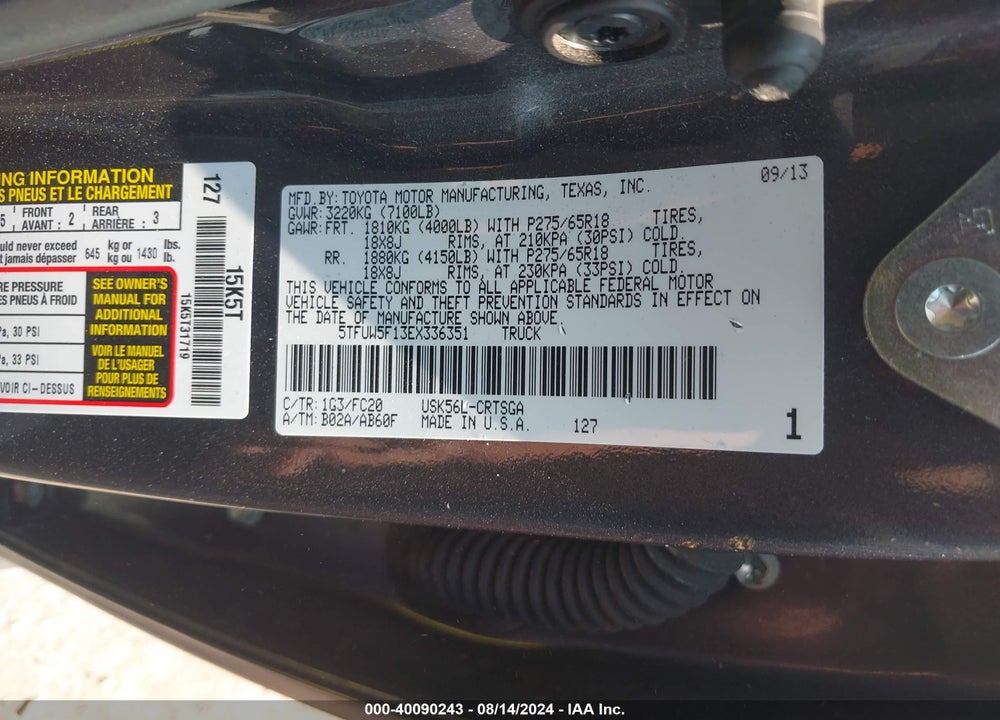 2014 TOYOTA TUNDRA SR5 5.7L V8 VIN: 5TFUW5F13EX336351