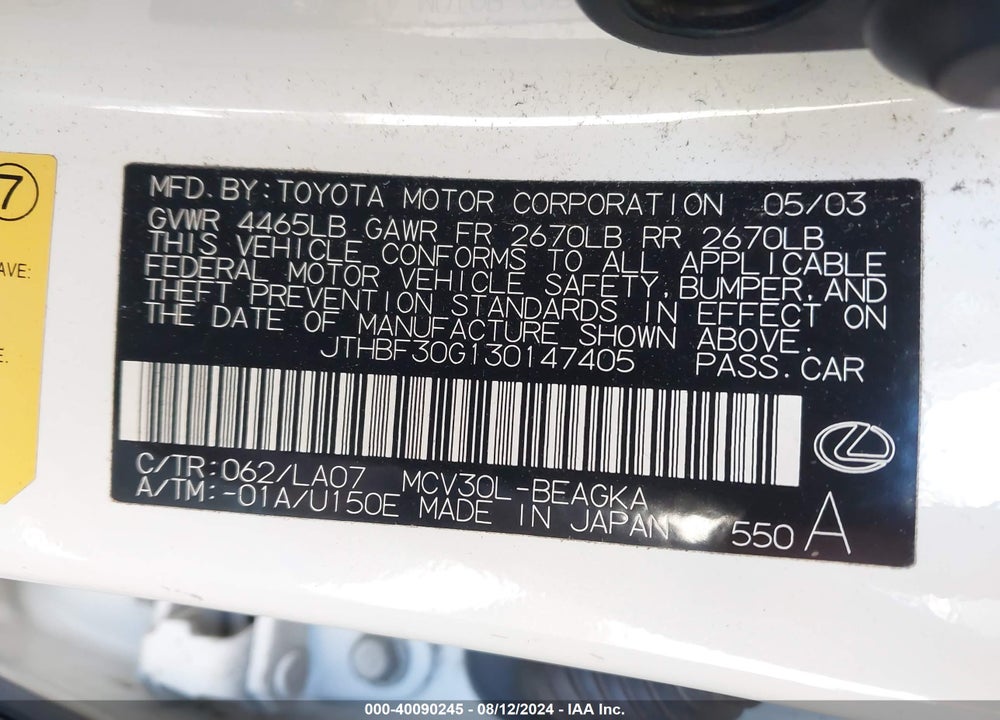 2003 LEXUS ES 300 VIN: JTHBF30G130147405