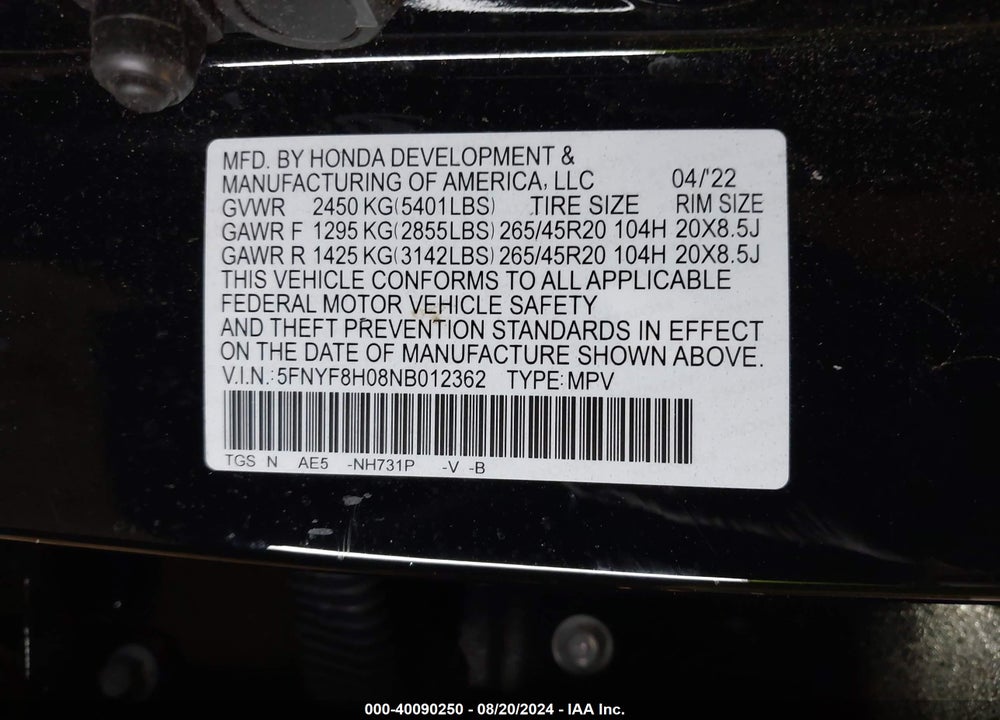 2022 HONDA PASSPORT AWD ELITE VIN: 5FNYF8H08NB012362