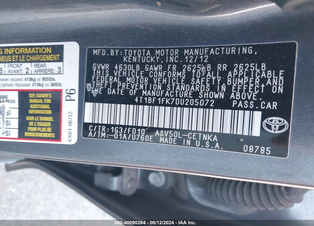 2013 TOYOTA CAMRY LE VIN: 4T1BF1FK7DU205072