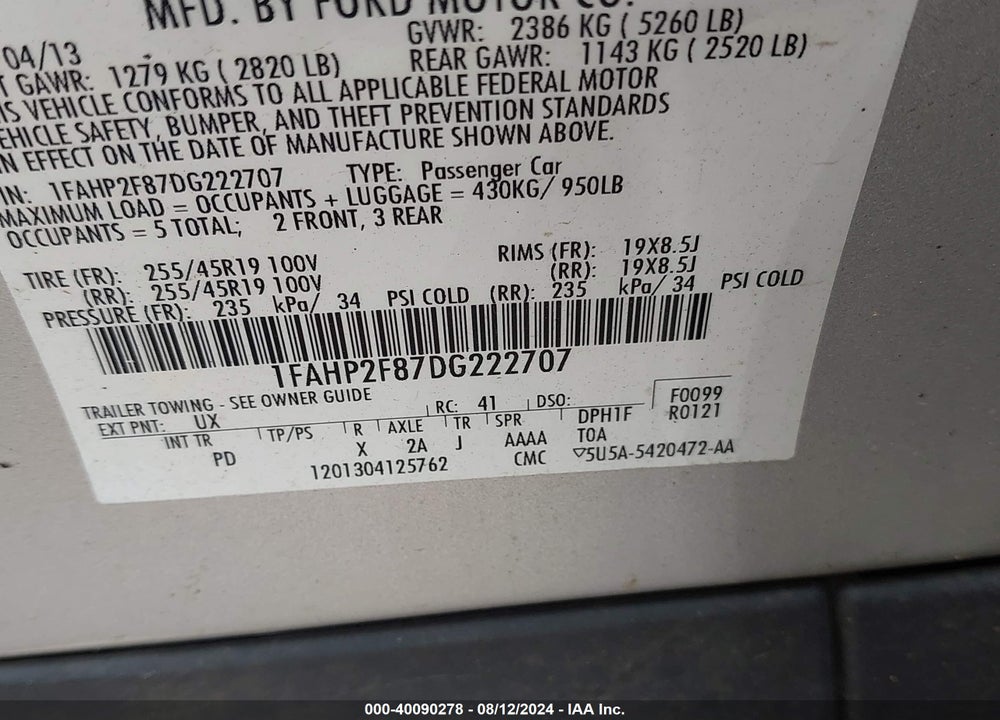 2013 FORD TAURUS LIMITED VIN: 1FAHP2F87DG222707