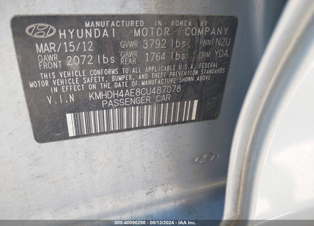 2012 HYUNDAI ELANTRA LIMITED (ULSAN PLANT) VIN: KMHDH4AE8CU487078
