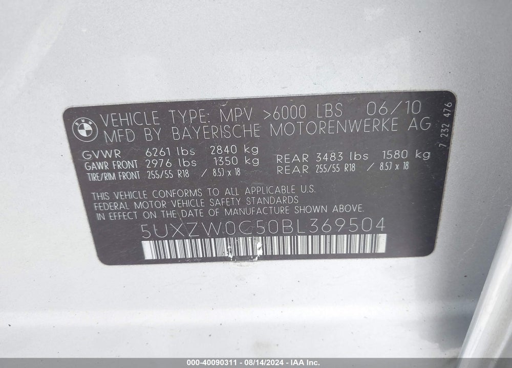 2011 BMW X5 XDRIVE35D VIN: 5UXZW0C50BL369504