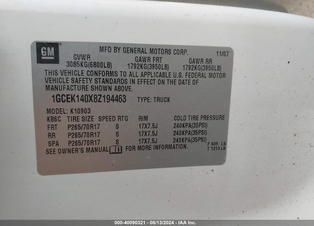 2008 CHEVROLET SILVERADO 1500 WORK TRUCK VIN: 1GCEK140X8Z194463
