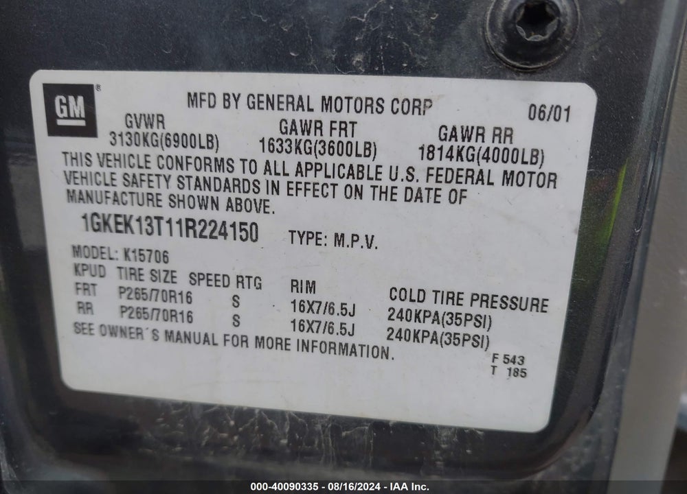2001 GMC YUKON SLT VIN: 1GKEK13T11R224150