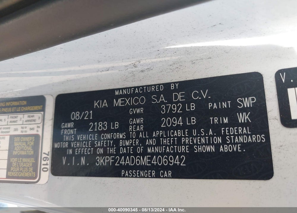 2021 KIA FORTE LXS VIN: 3KPF24AD6ME406942