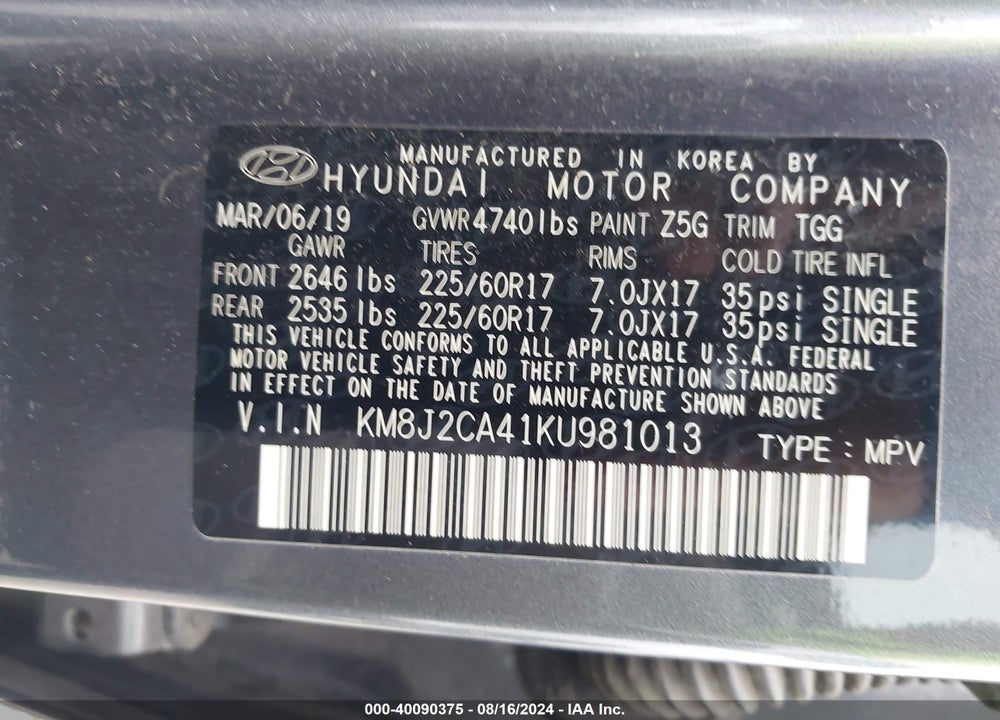 2019 HYUNDAI TUCSON SE VIN: KM8J2CA41KU981013