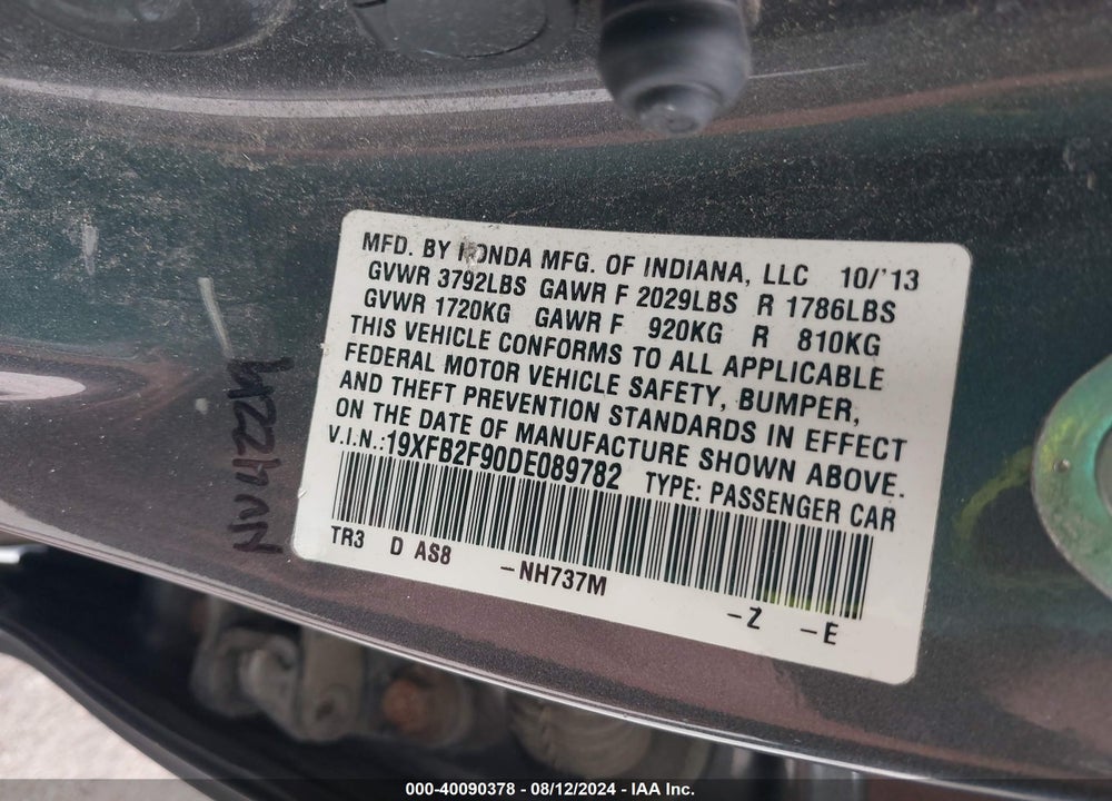 2013 HONDA CIVIC EX-L VIN: 19XFB2F90DE089782