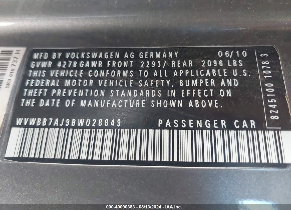 2011 VOLKSWAGEN GOLF 2.5L 2-DOOR VIN: WVWBB7AJ9BW028849